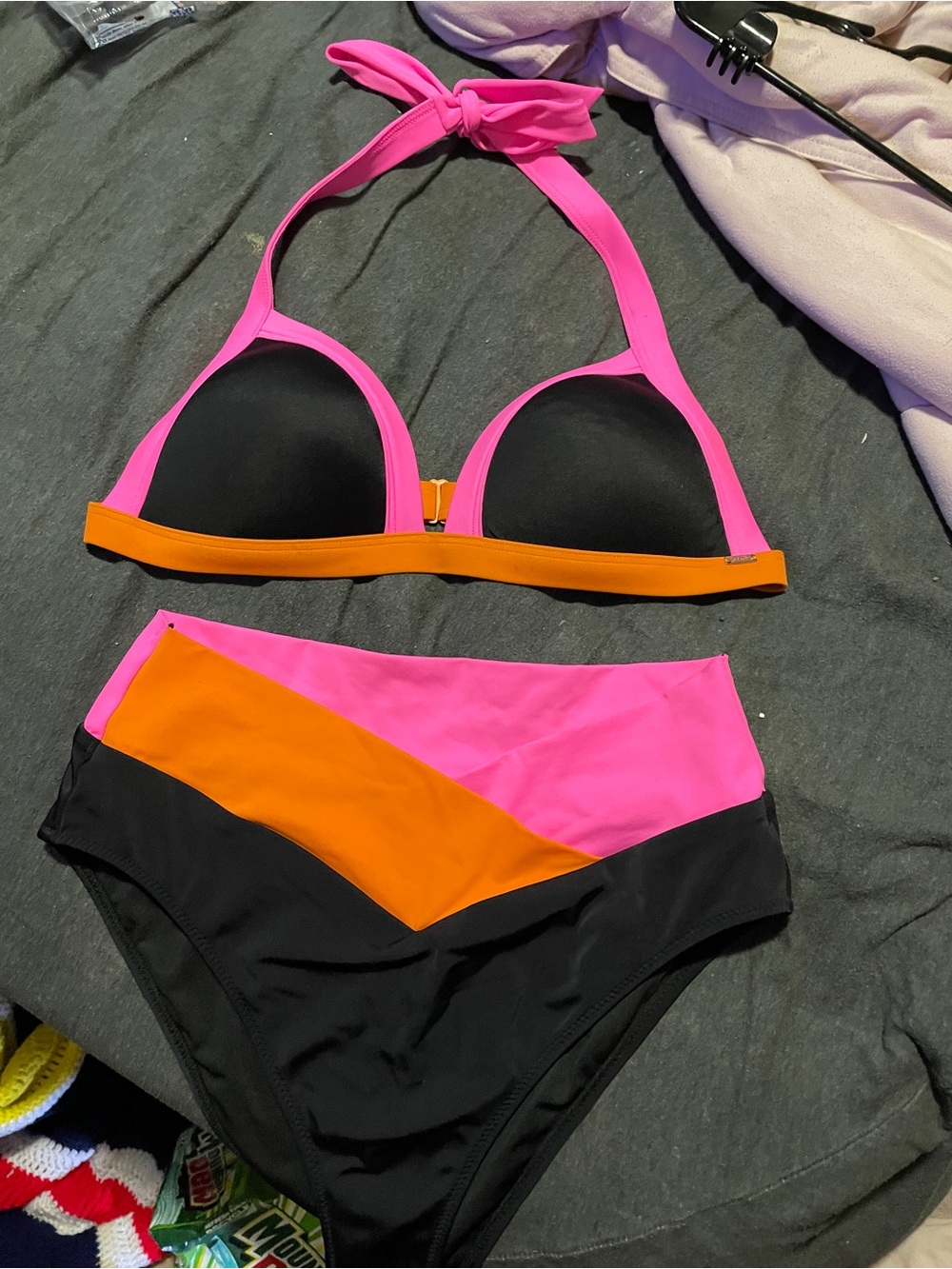 Victoria’s Secret Colorblock High-Waist Bikini Set — Pink, Orange & Black